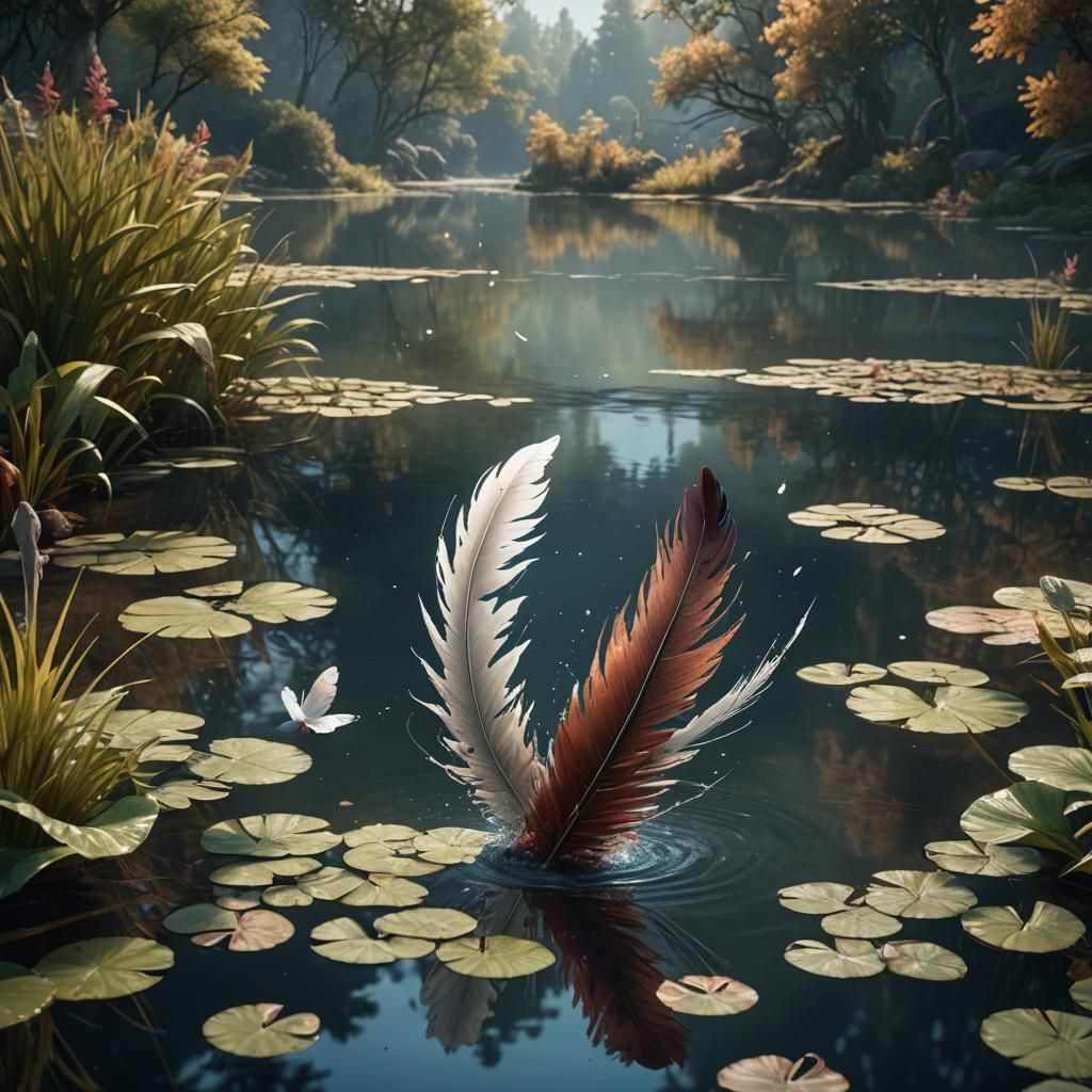 Delicate Feather Landing on Pond: Matte Painting