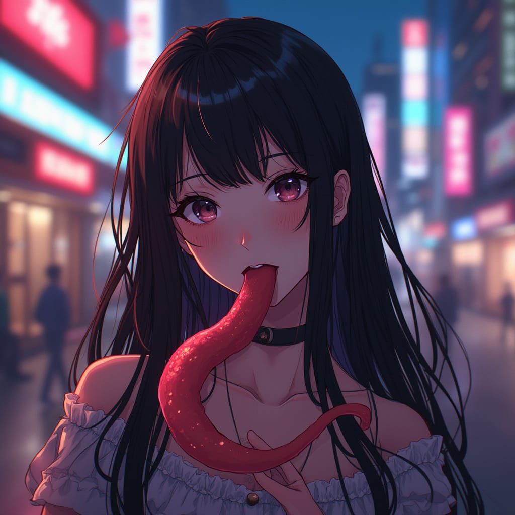 Vibrant Anime Woman with Long Tentacle Tongue in Neon Citysc...