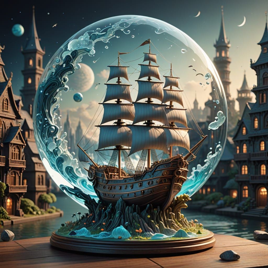 Whimsical Scale Balances Galleon and Cityscape in Liquid Lig...
