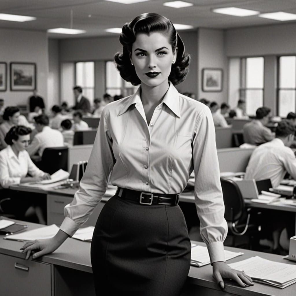 1950s style professional woman in a pencil skirt working in ...