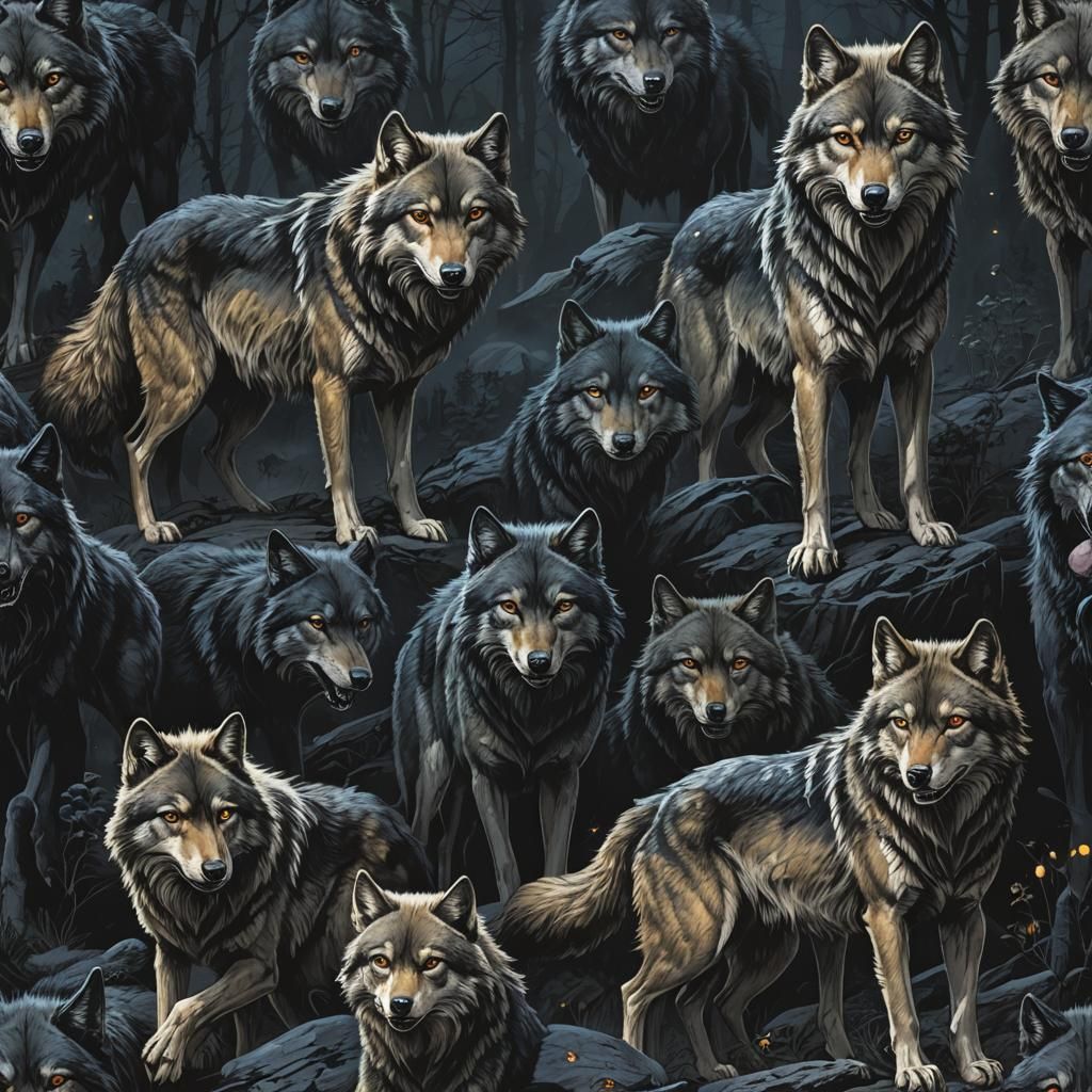 Majestic Wolves Roam Under Dark Fantasy Skies
