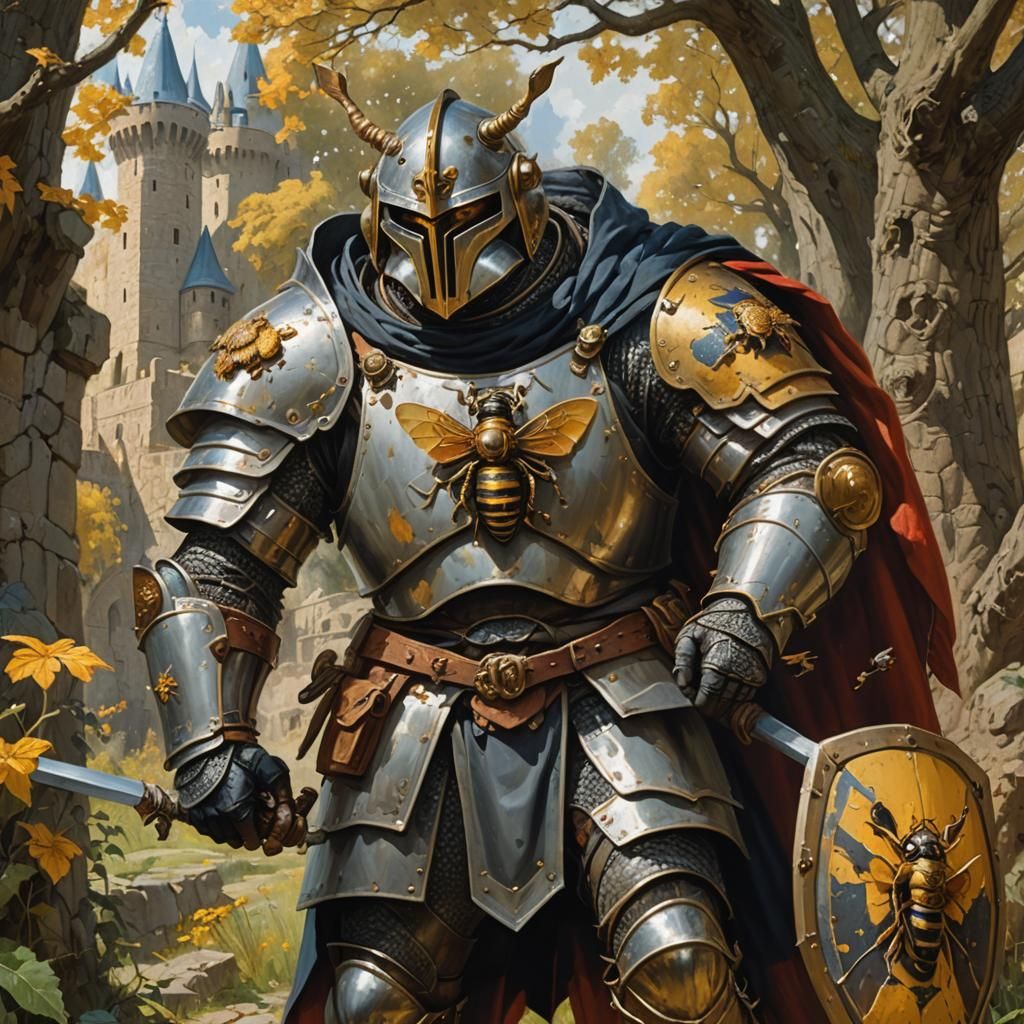 Bee-Themed Medieval Warrior in Heroic Oil Painting Style