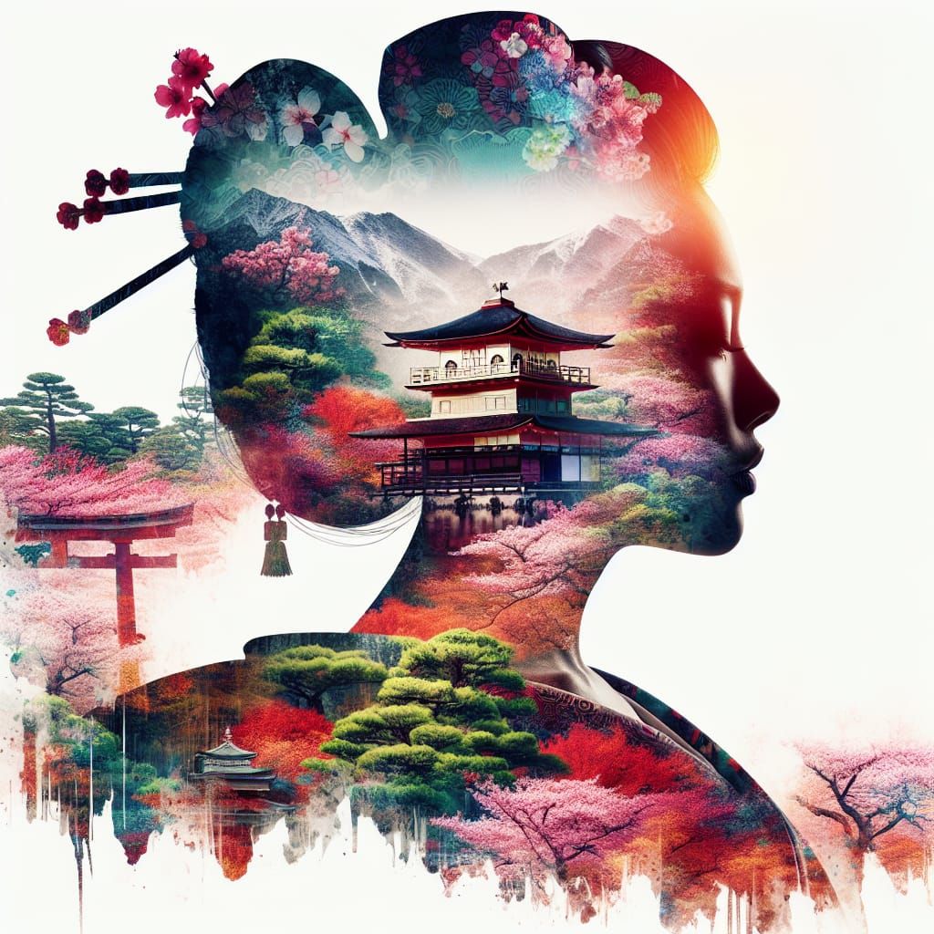 Geisha Silhouette with Cherry Blossoms in Watercolor Style