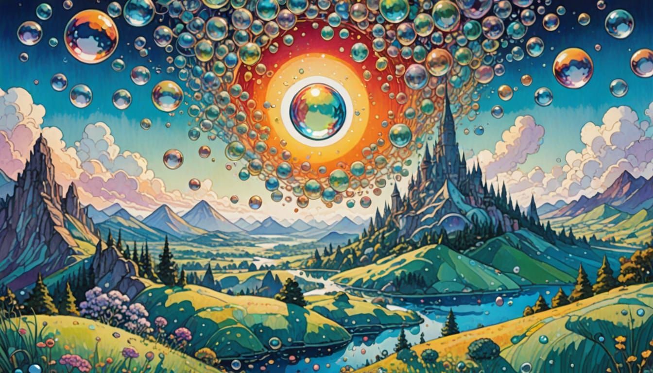 Glass Bubbles Drifting Over Fantasy Dreamscape in Gouache