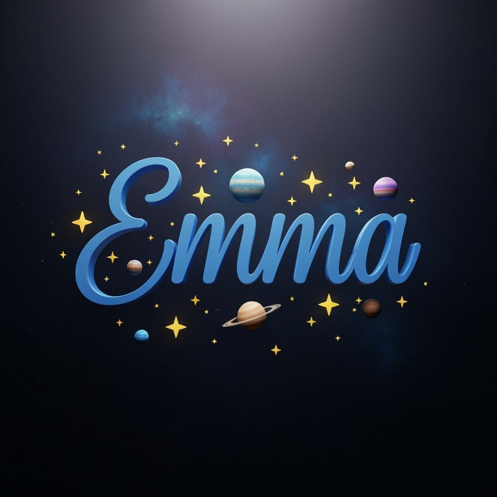 Emma in 3D Blue Cursive Font with Cosmic Stars