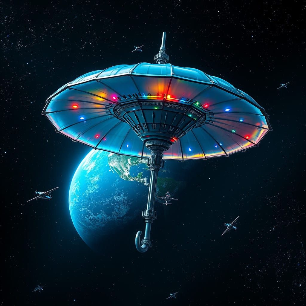 Gigantic Futuristic Umbrella Space Station in Moody, Hyperre...