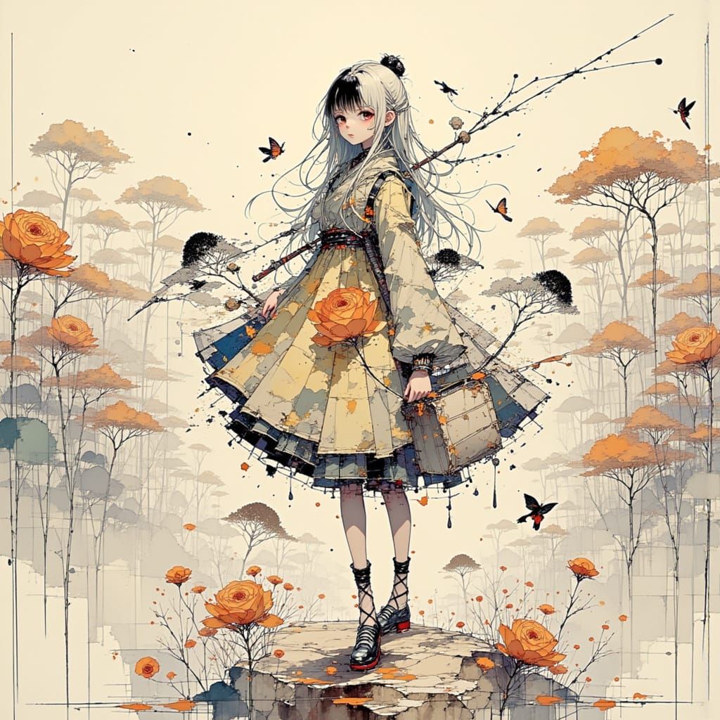 Boy Fishing in River Landscape Painting