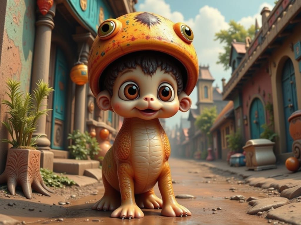 Whimsical Village Scene with Child, Dog, and Cat