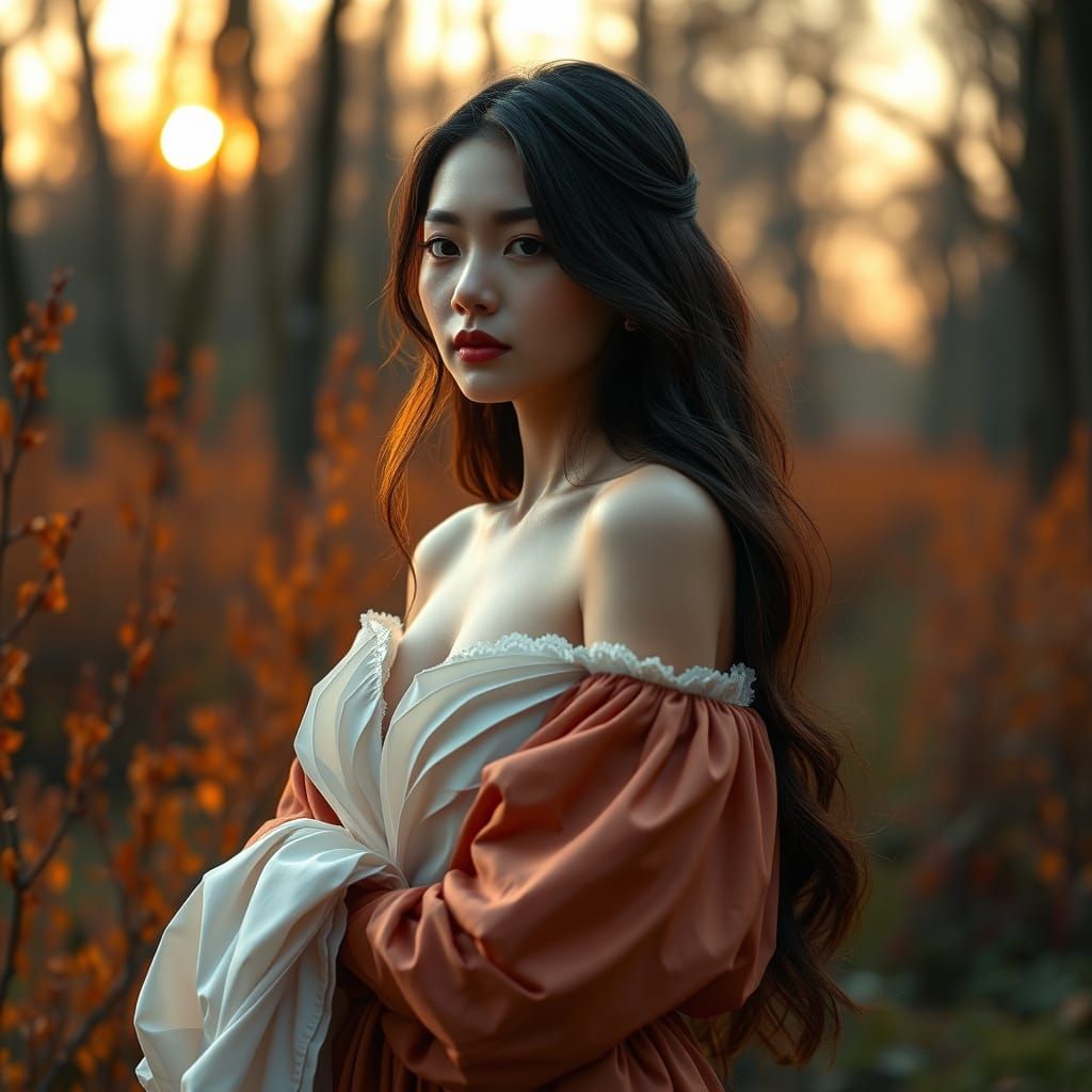 Serene Woman in Autumnal Origami Landscape