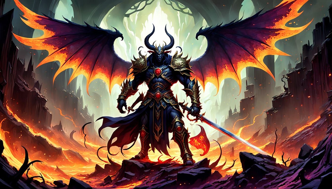 Dark Fantasy Demon Battles Archangel Michael in Hellish Land...