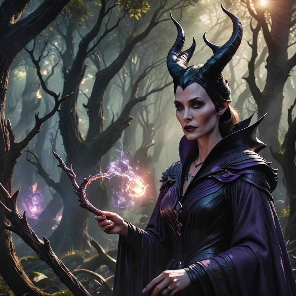Maleficent Casting Spell in Dark Fantasy Forest