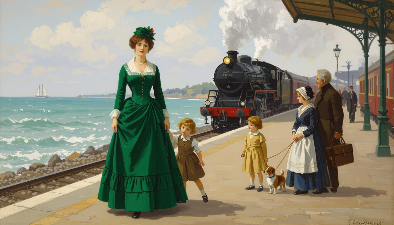 Impressionistic Seaside Train Station Scene with Woman