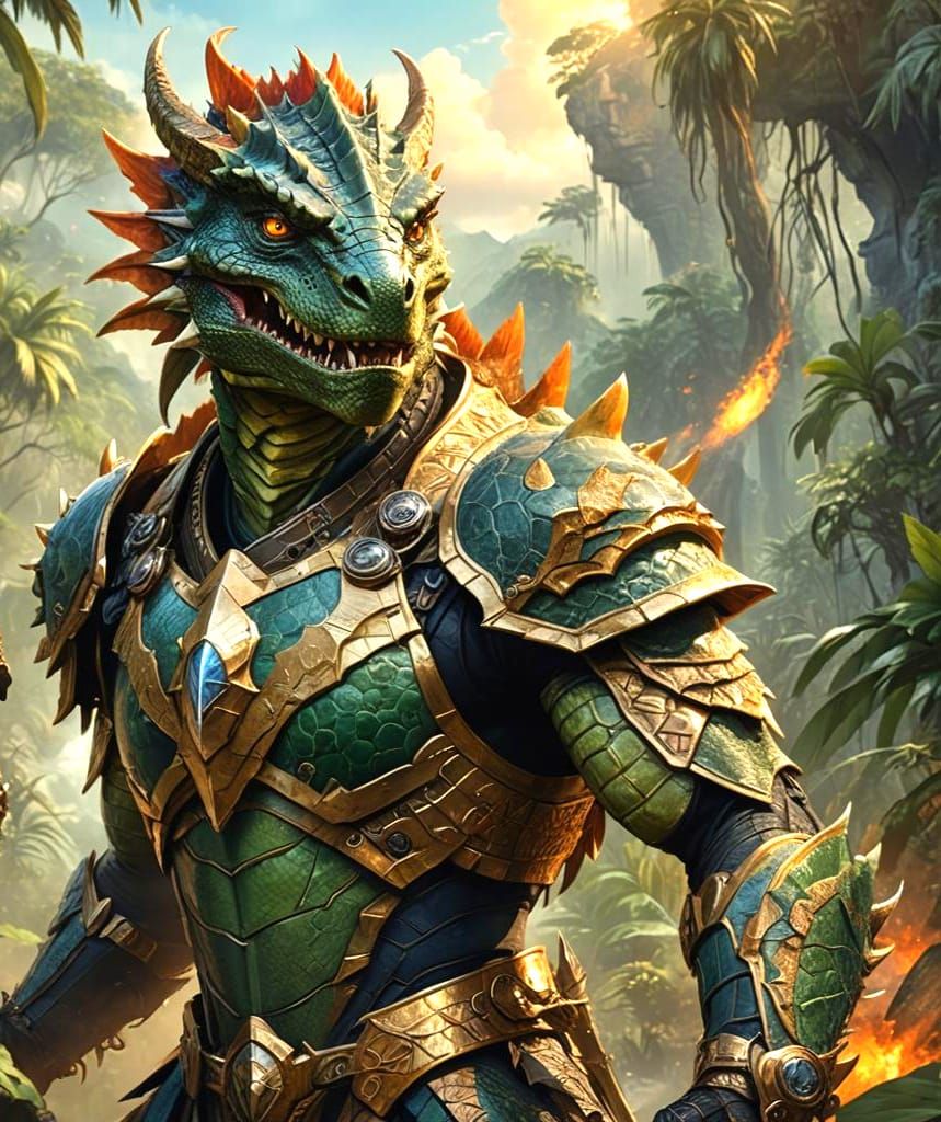 Lizardman Rides Pteranadon in Volcanic Jungle