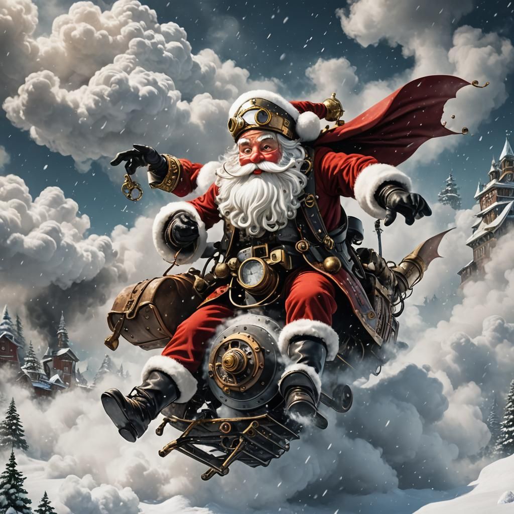 Steampunk Santa Claus Flying Through Snow Clouds
