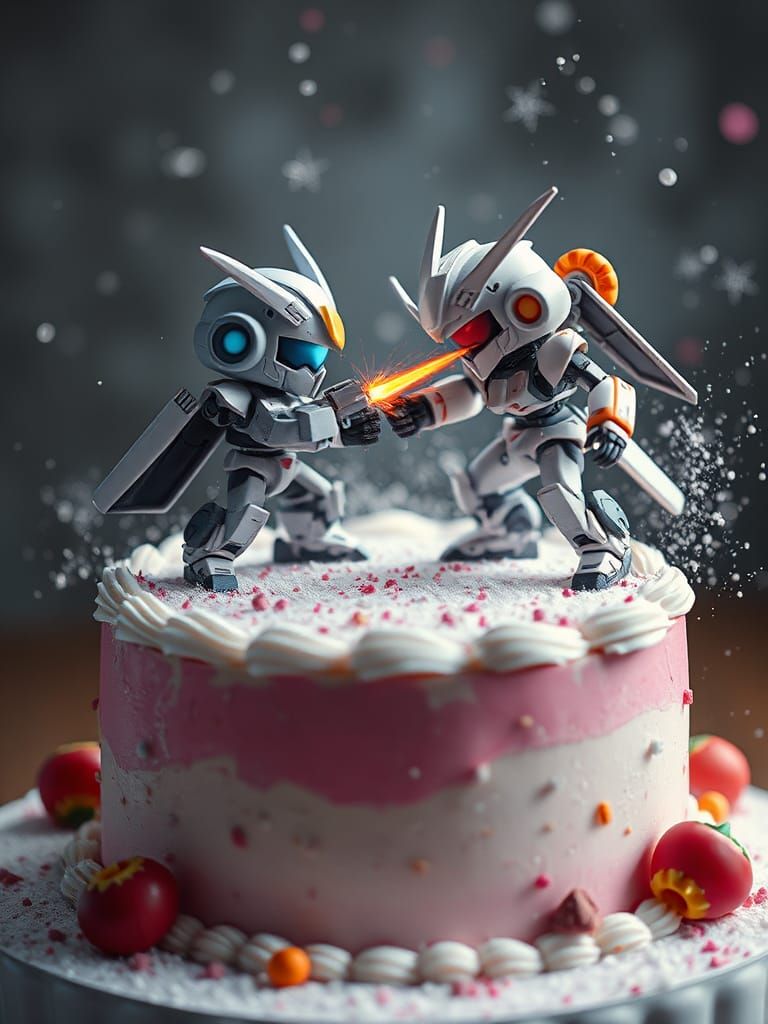 Chibi Robots Battle on Cake: Digital Splash Art