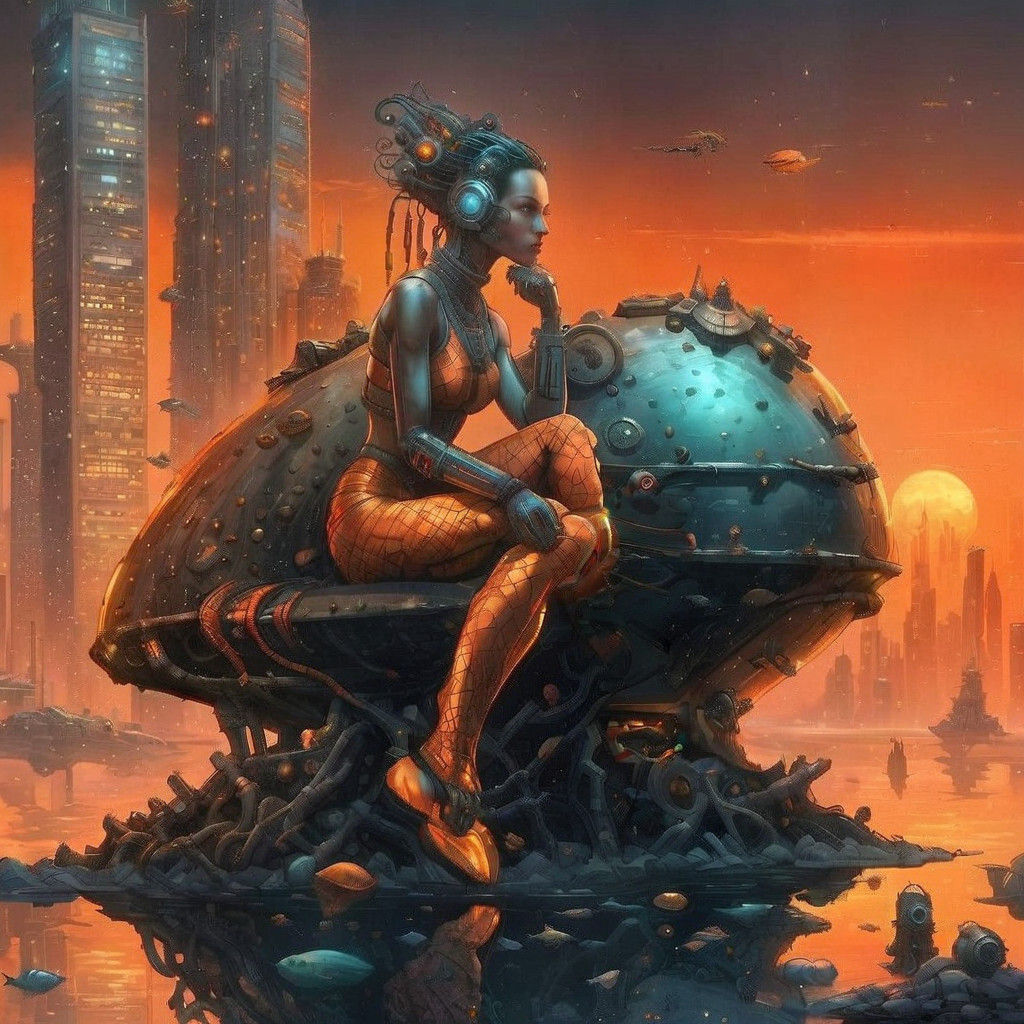 Cybernetic Mermaid in Post-Apocalyptic Cityscape