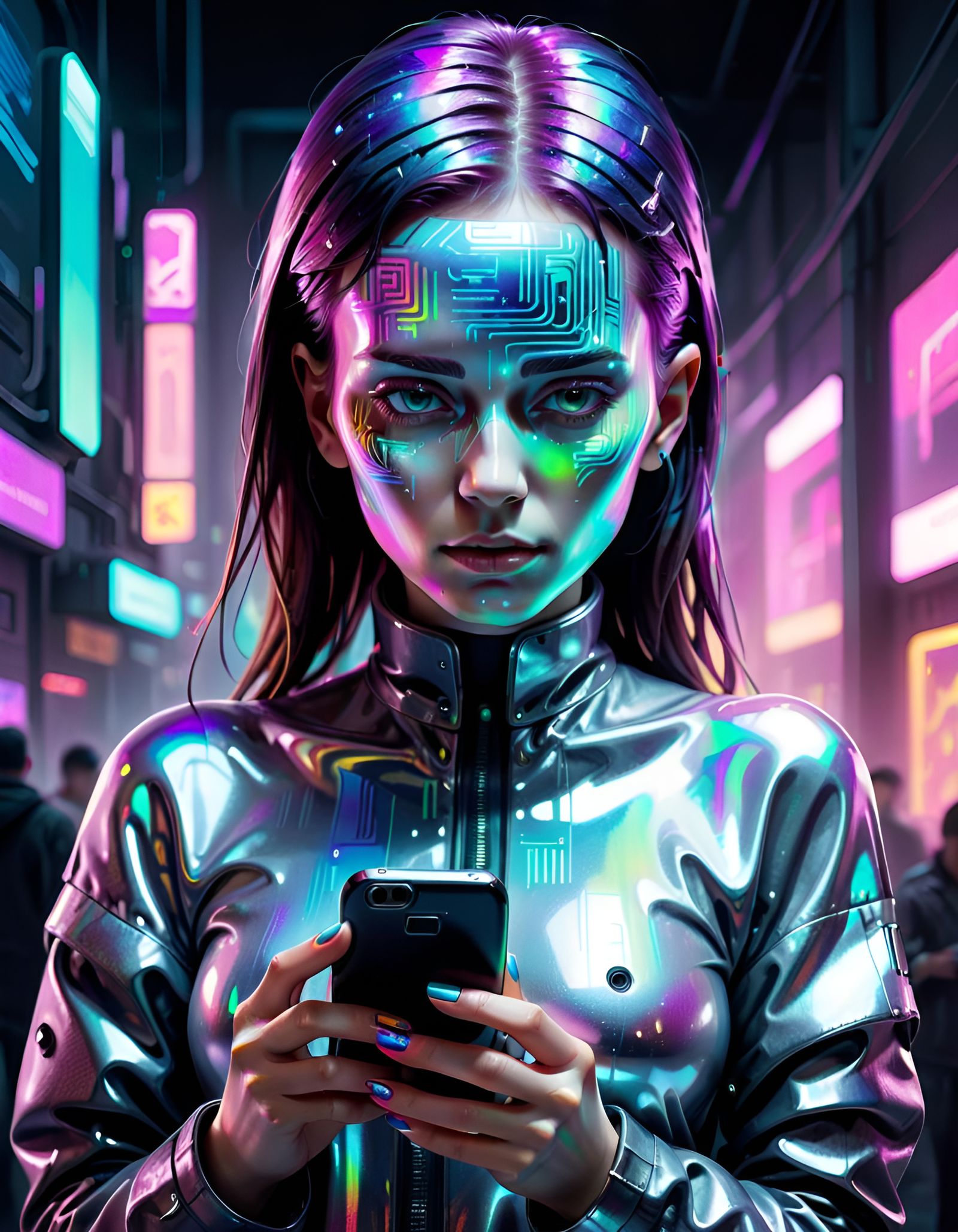 Holographic Woman with Phone in Cyberpunk Style