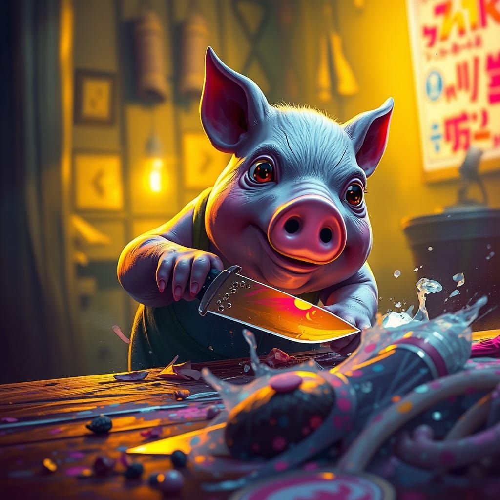 Dark Fantasy Concept Art of Peppa Pig in a Meatpacking Scene