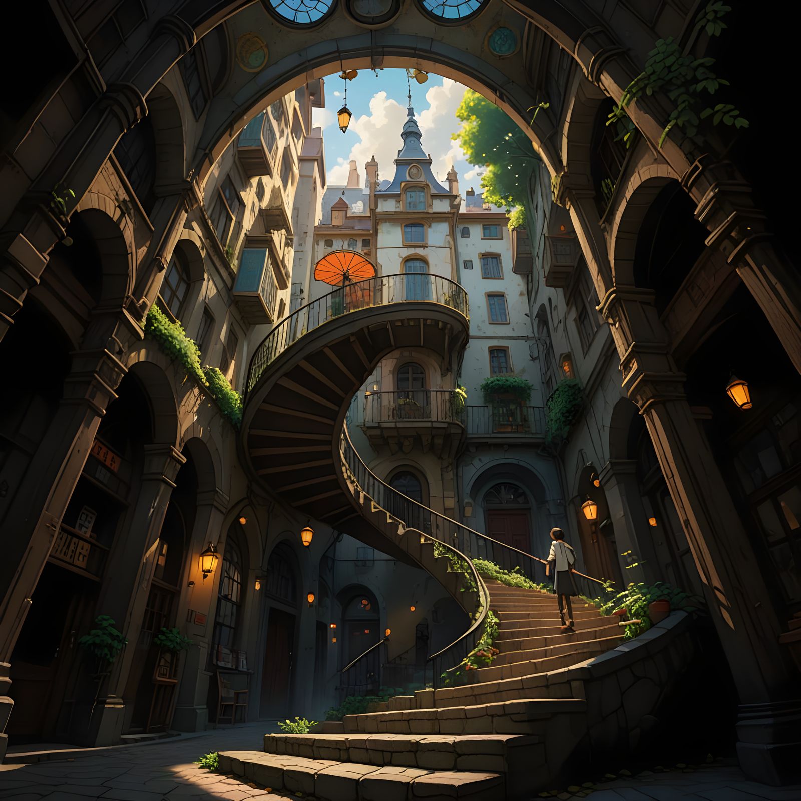 Surreal European Town Square in Magical Realism Style