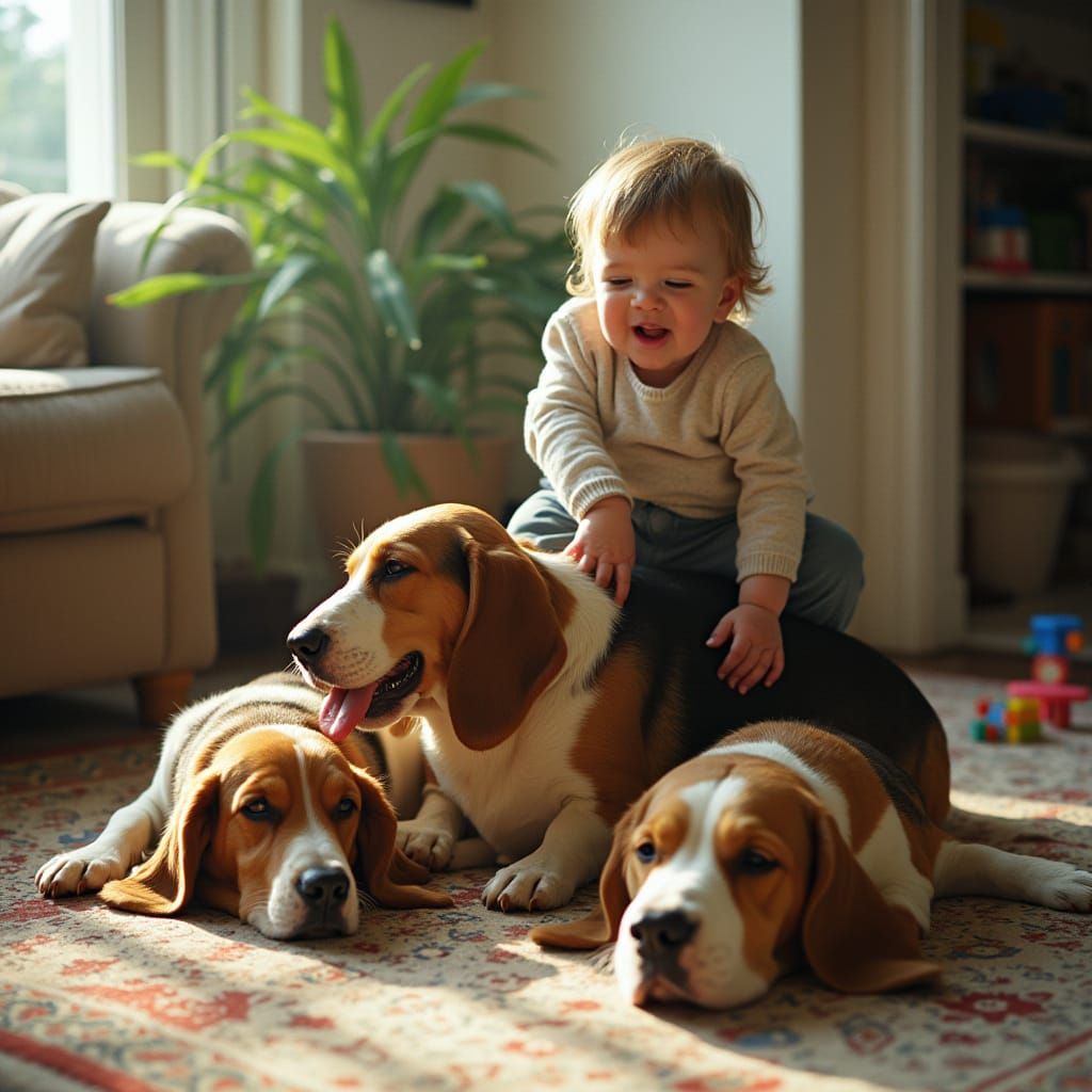 Toddler Rides Basset Hound Throne in Comic Living Room Scene
