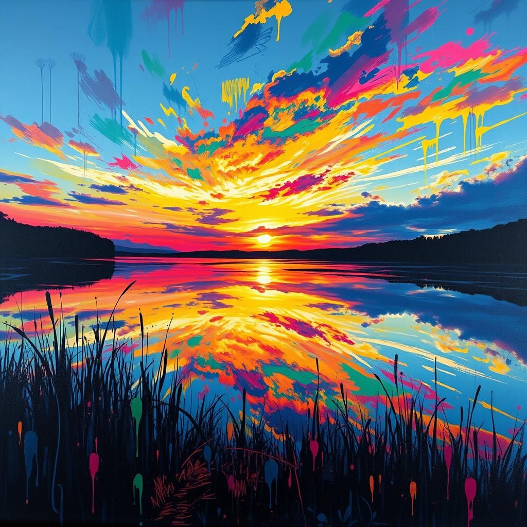 Lake Reflecting Sunset in Graffiti Splash Art Style