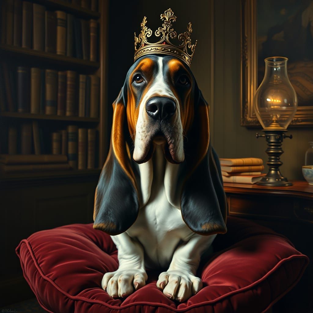 Regal Basset Hound in Vintage Study as Oil Painting
