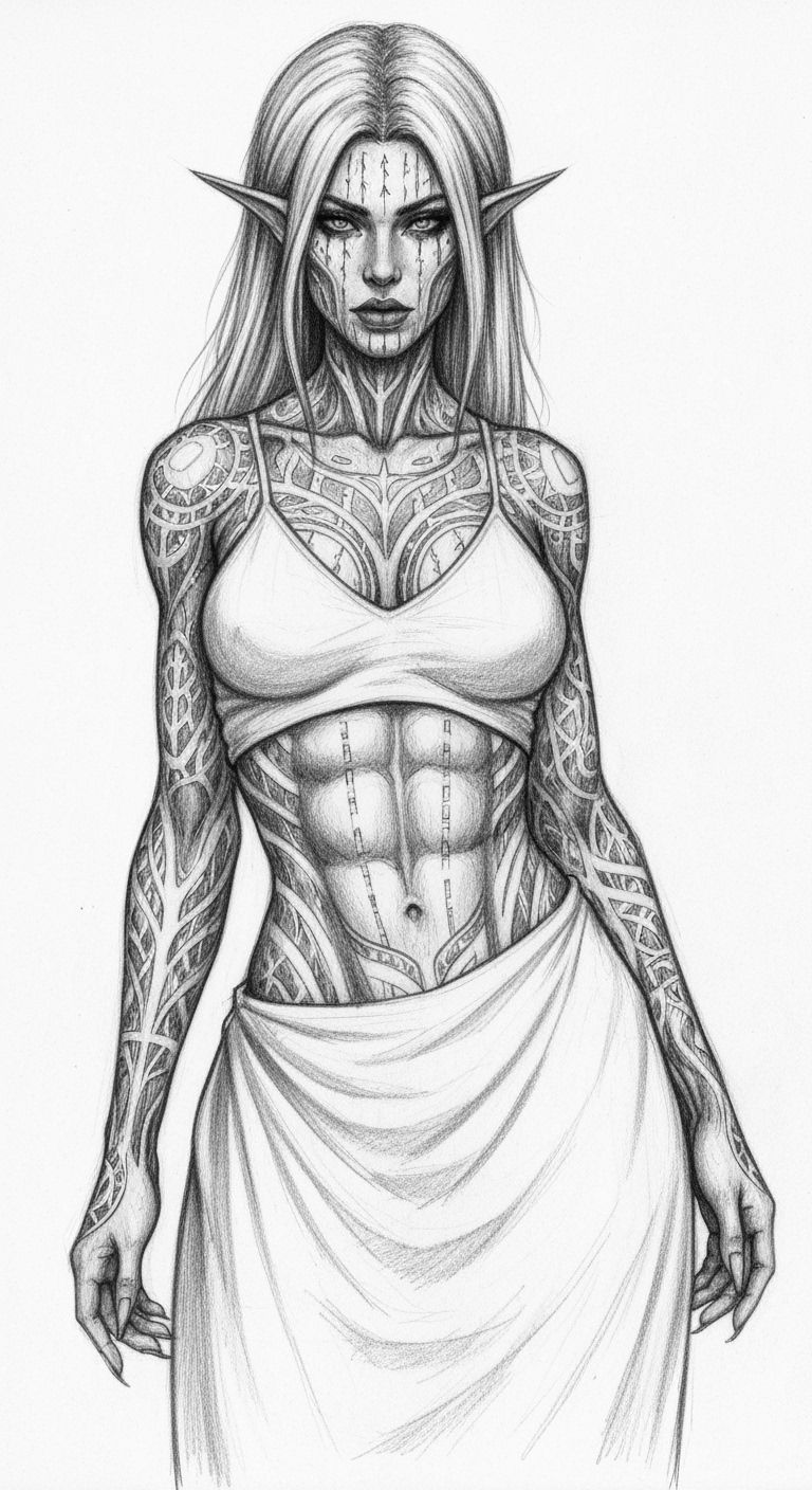 Gothic Elf Woman Sketch with Glowing Runes