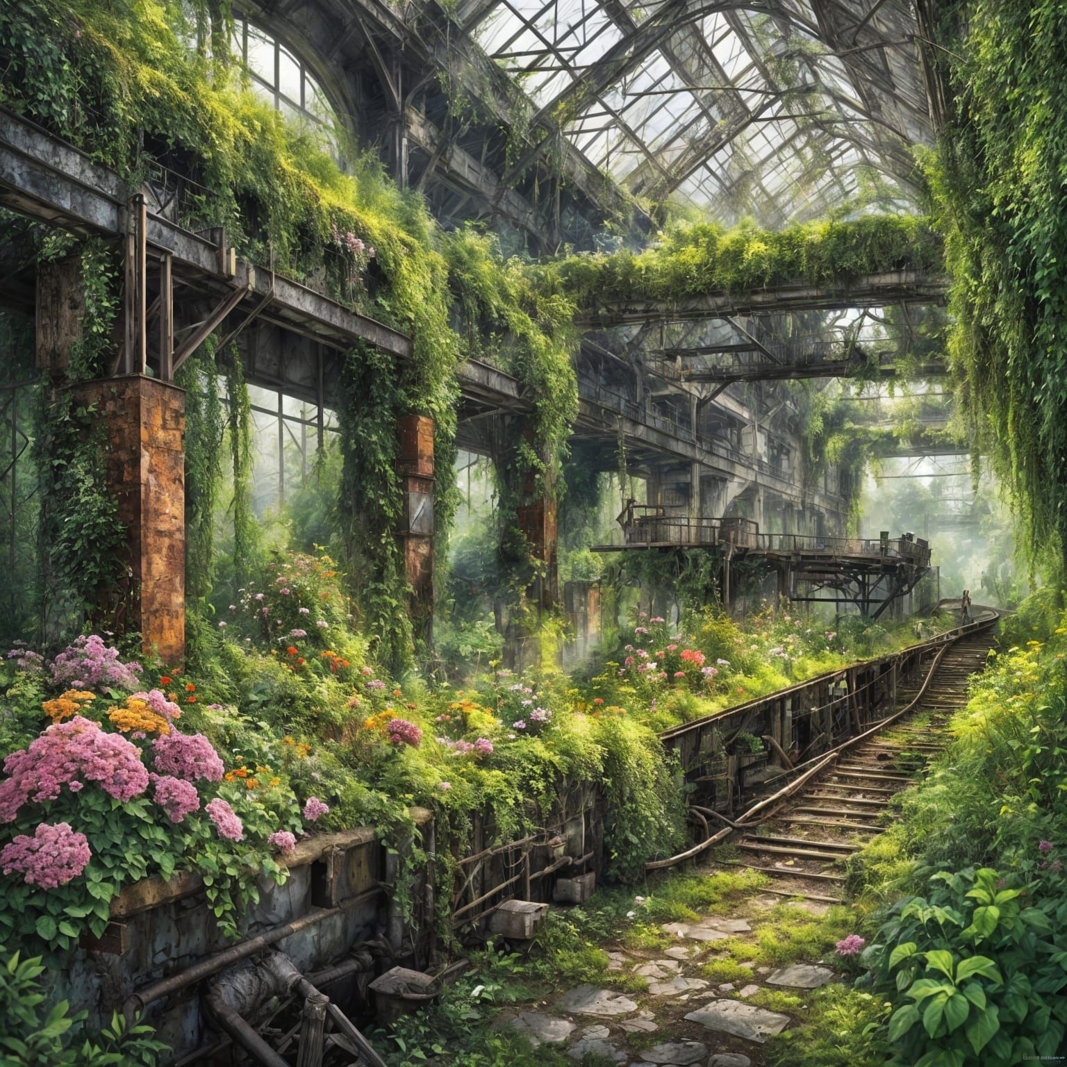 Nature's Reclaim of Industrial Ruins in Impressionist Style