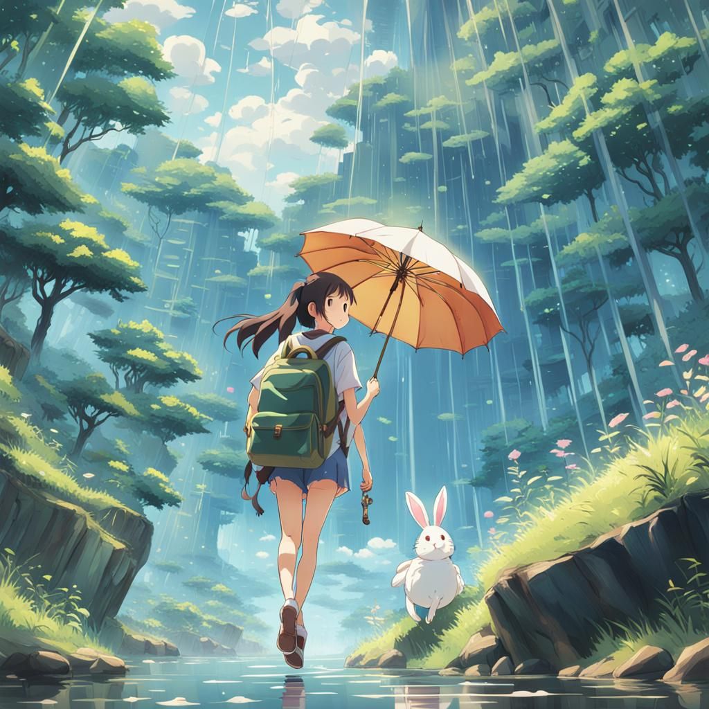 Girl with Umbrella in Anime Style