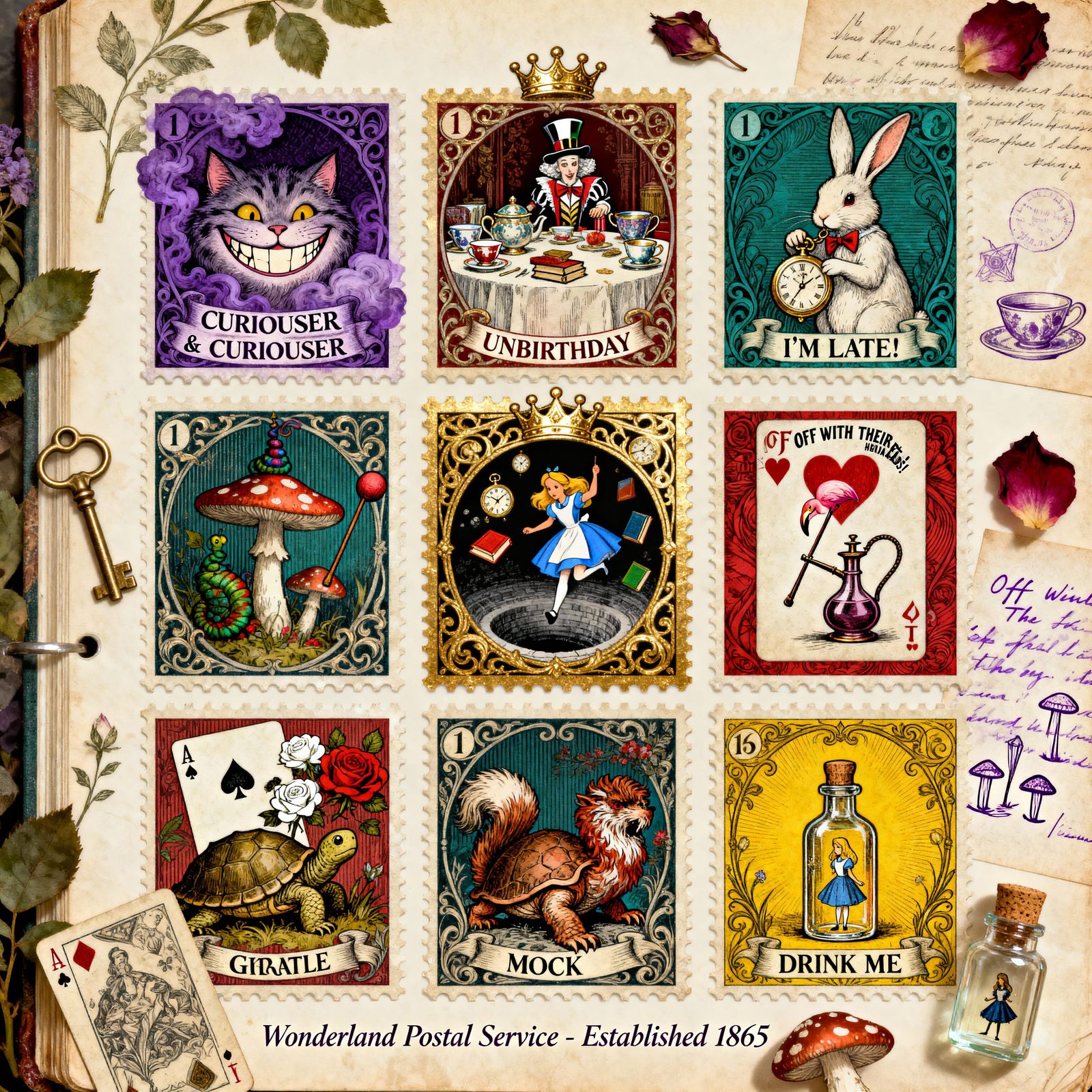 Alice in Wonderland Postage Stamps in Botanical Album
