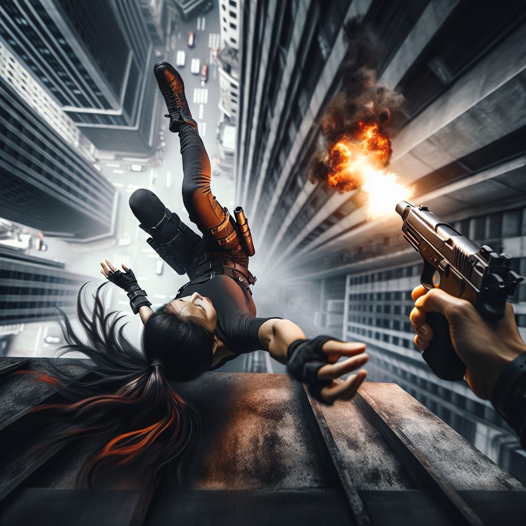 Asian Assassin Falling From Roof, Firing Gun