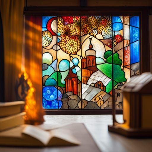 Russian Village Stained Glass in Chagall Style