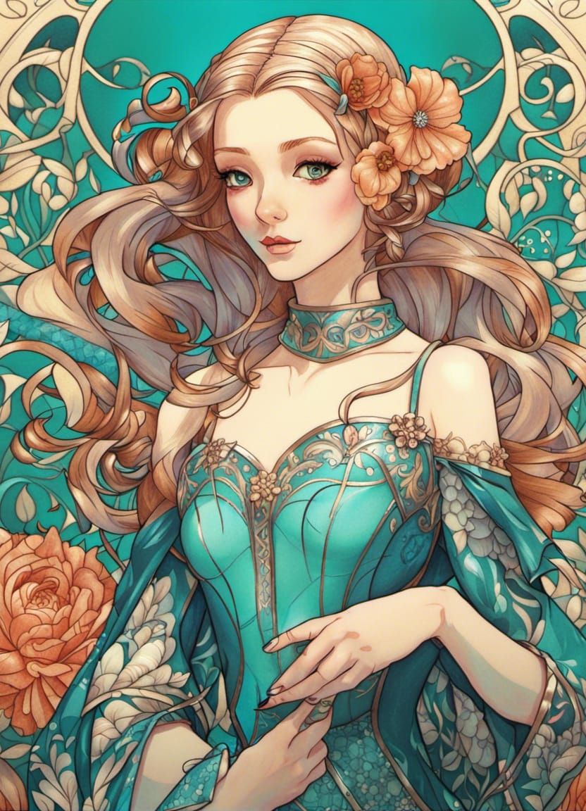 Art Nouveau Girl with Zentangle Flower Effects