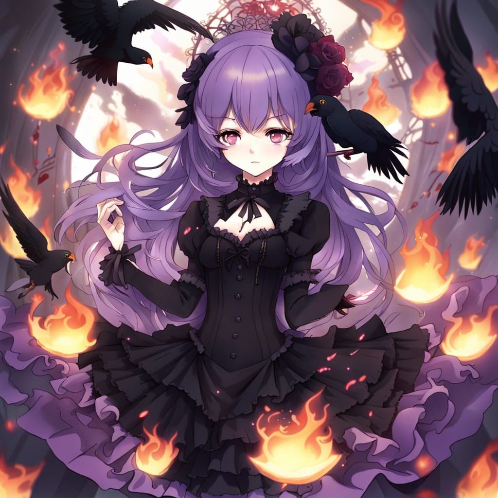 Anime Vampire in Flames with Victorian Dress
