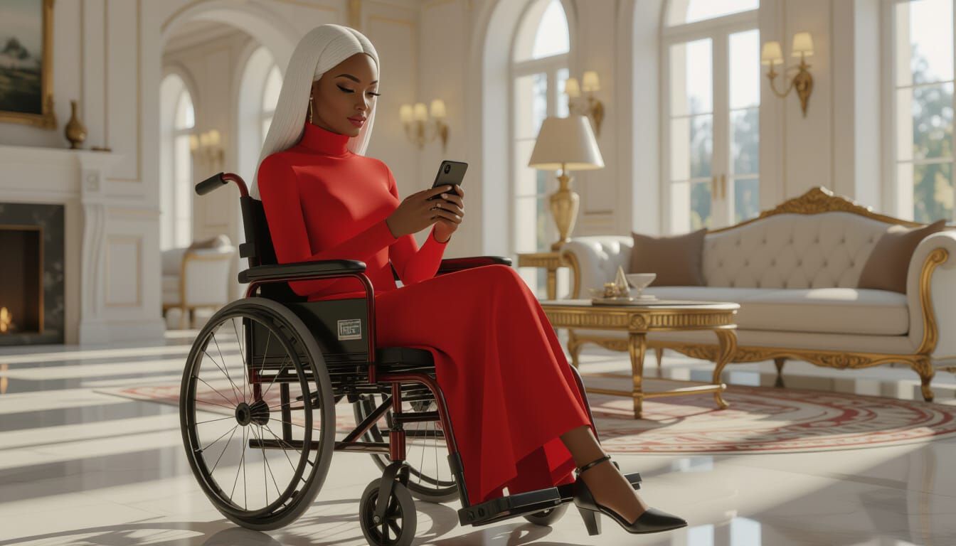Beautiful African Woman in Red Turtleneck with White Hair