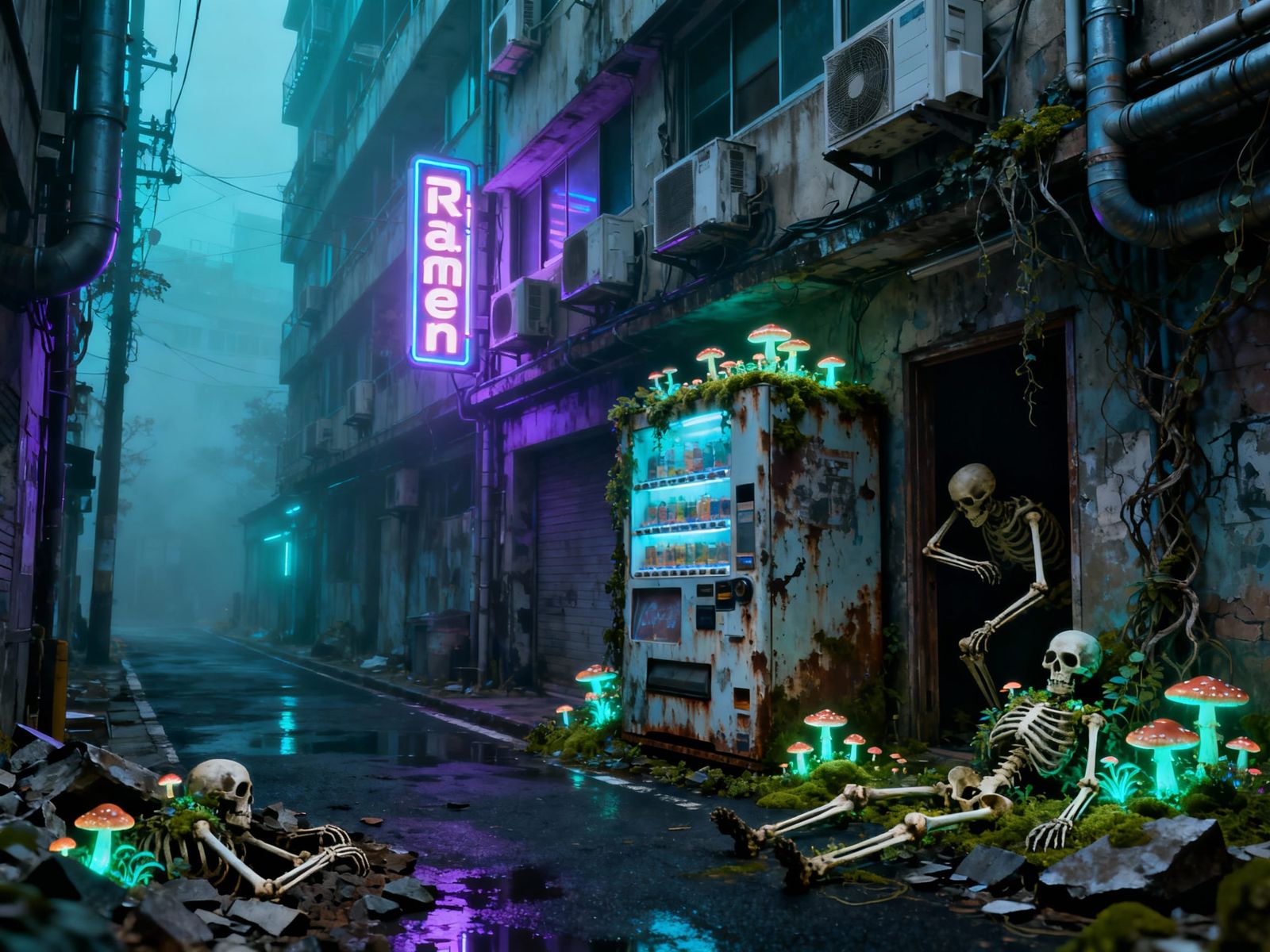 Cyberpunk Alley with Neon Signs and Skeletons