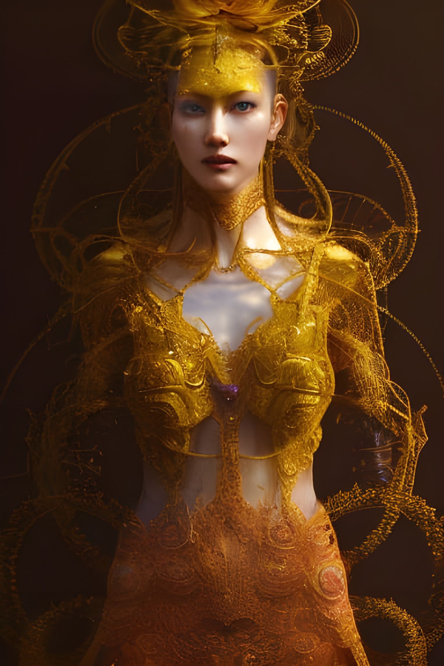 Goddess in Gold Lace Gown: Hyperdetailed Portrait