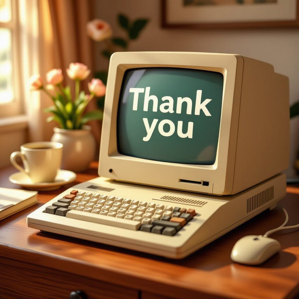 Vintage Computer Displaying "Thank You" in Warm Light