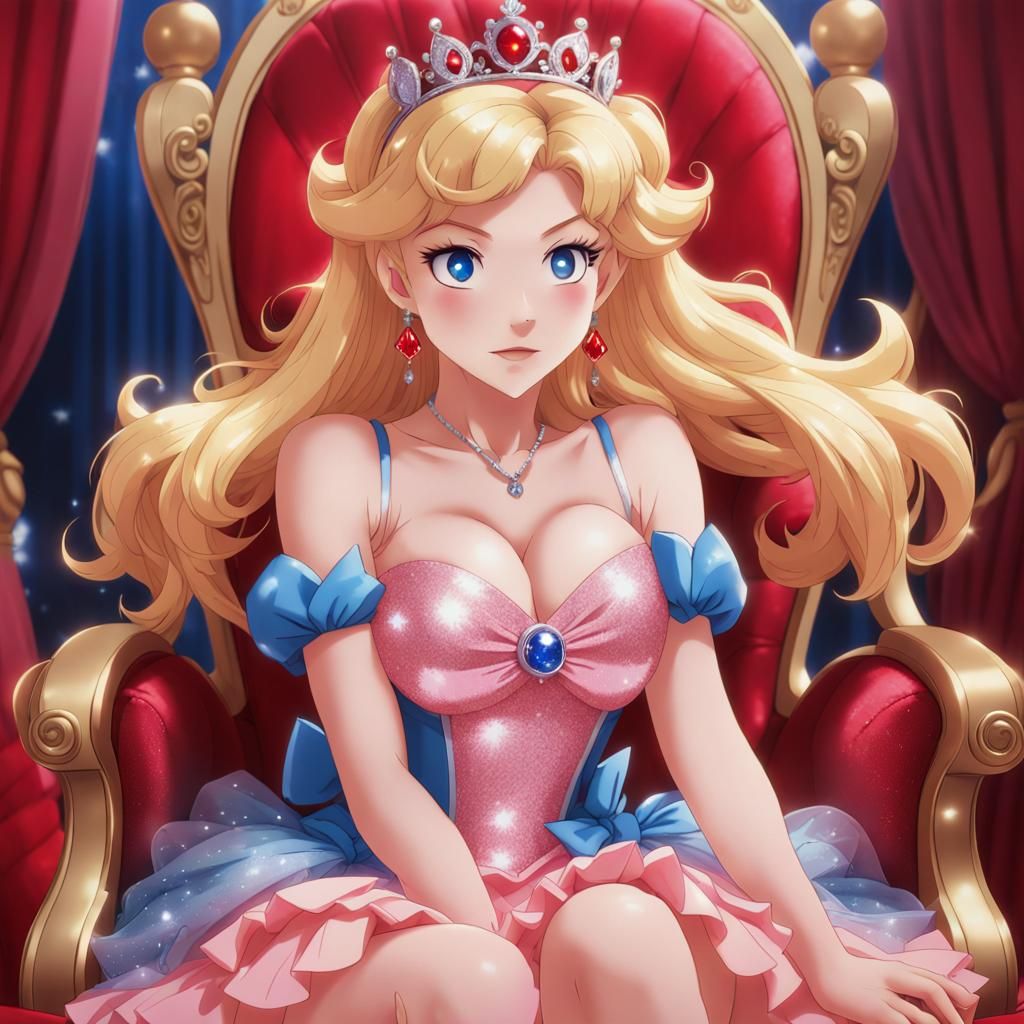 Princess Peach on Red Throne in Anime Style