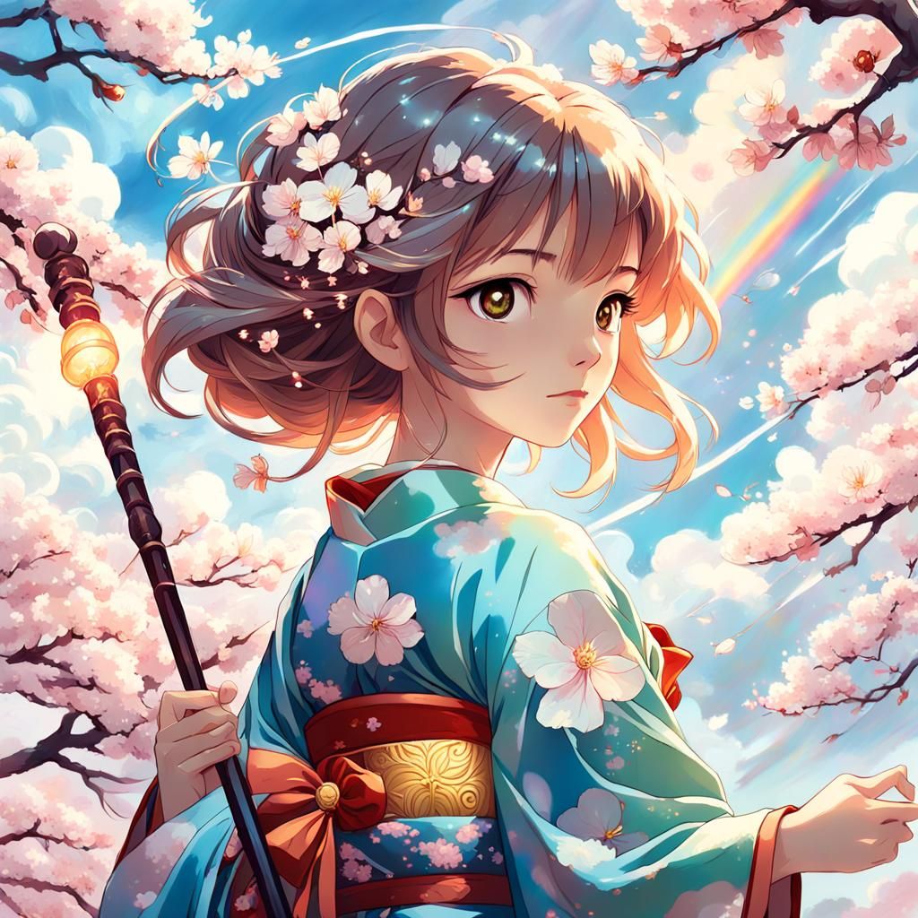 Anime Girl with Staff in Cherry Blossom Cloudscape