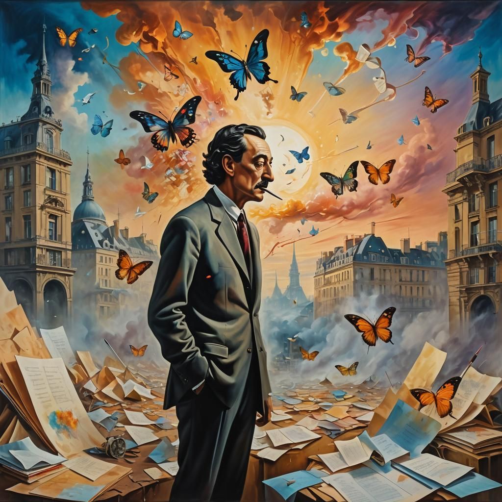 Surreal Poet in Melting Paris with Butterfly