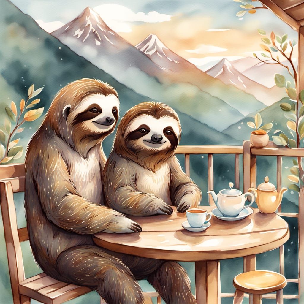 Whimsical Sloth Couple Sipping Tea in a Cozy Mountain Chalet