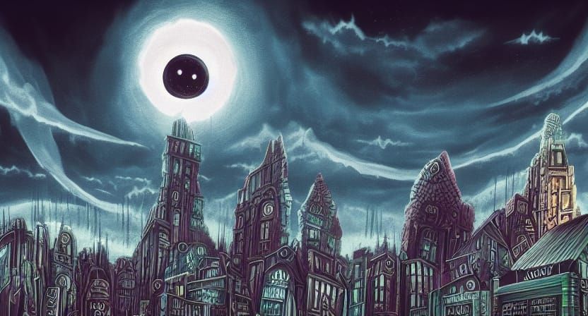 Gothic Night City with Cosmic Monster, Digital Art