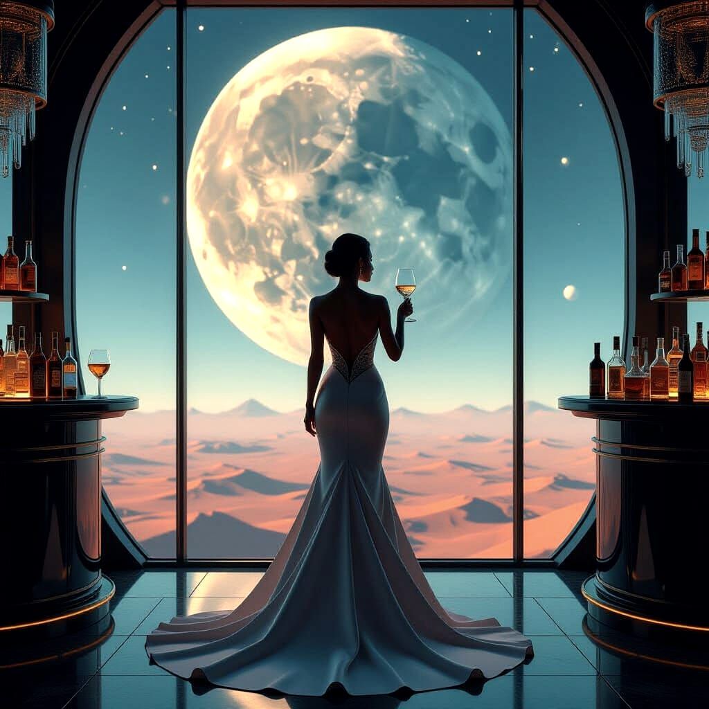 Girl in Space Bar Overlooking Moon in Concept Art Style