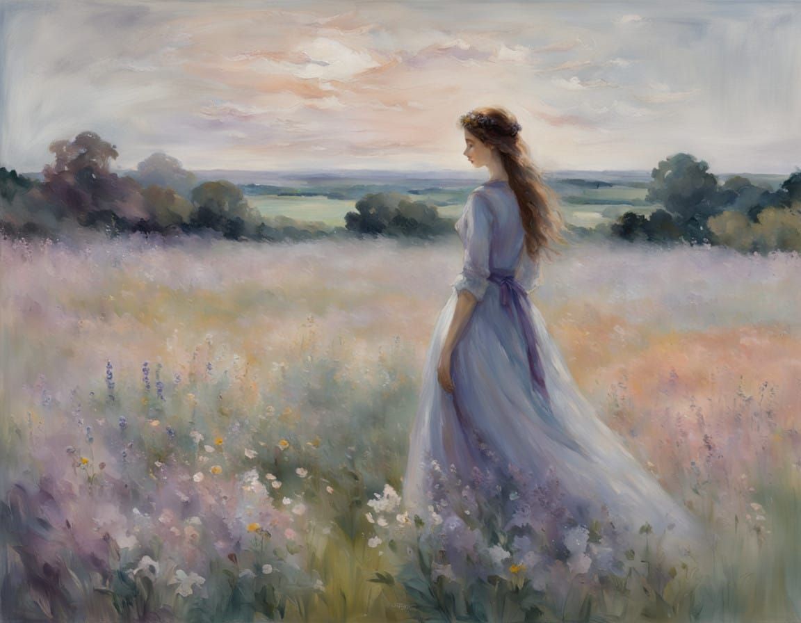 Ethereal Wildflower Goddess in Impressionistic Twilight