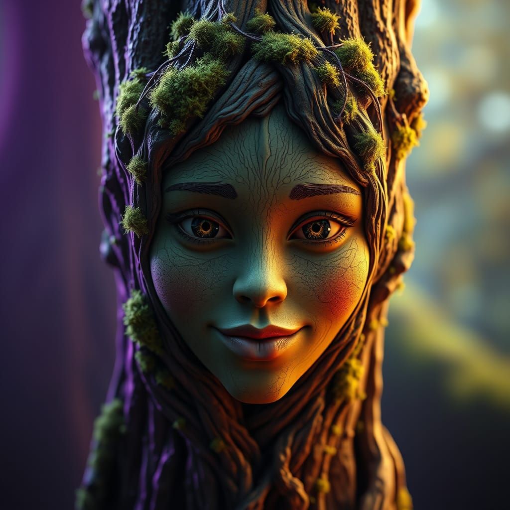 Friendly Female Face Carved From Mossy Tree Trunk