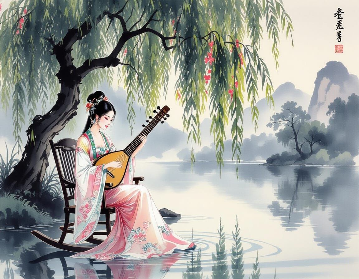 Elegant Woman Playing Sitar in Chinese Ink Painting