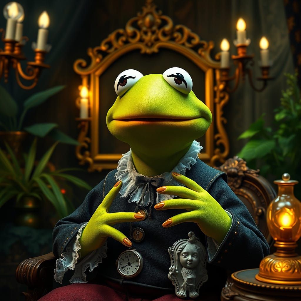 Surreal Hyper Realistic Portrait of Kermit in 17th-century D...