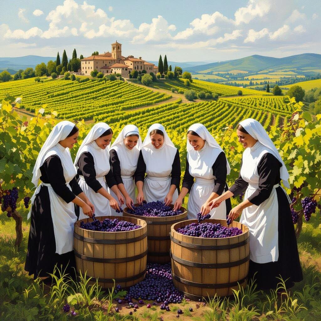 Grape Stomping Nuns in Lush Vineyard, Baroque Style