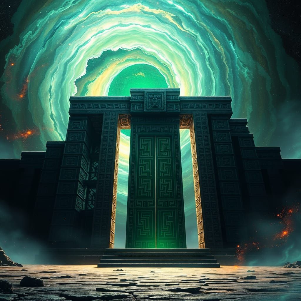 Ancient Obsidian Gate Shimmers with Emerald Energy in Cosmic...